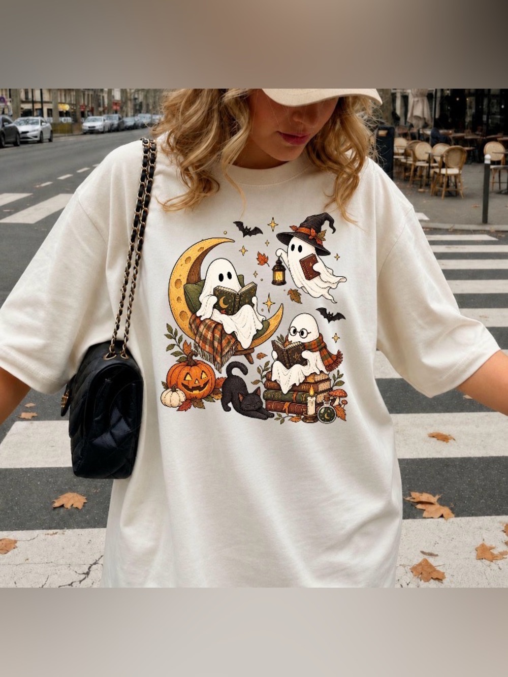 Spooky Reading Ghost Comfort Color Tee, Halloween Book Lover Witch Ghost T-Shirt